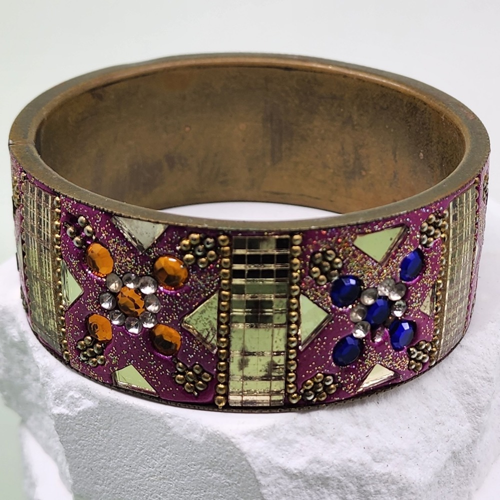 Vintage Purple Enamel Rhinestone Mosaic Wide Bangle Bracelet Gold Tone Boho
